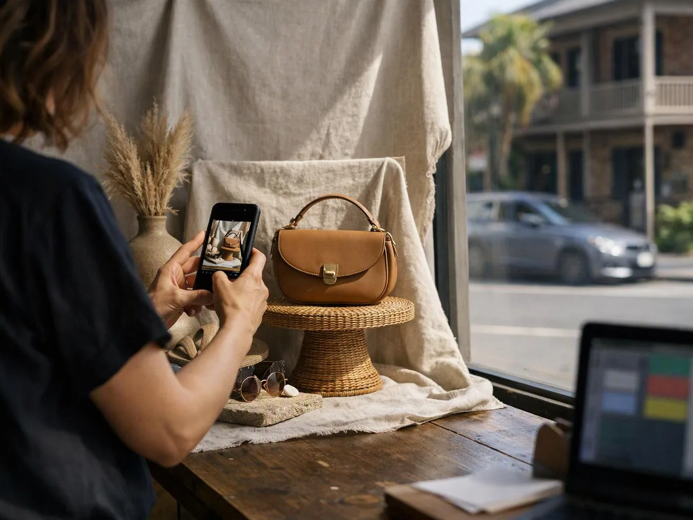 A person photographs a tan handbag on a woven stand beside dried grass by a sunny window