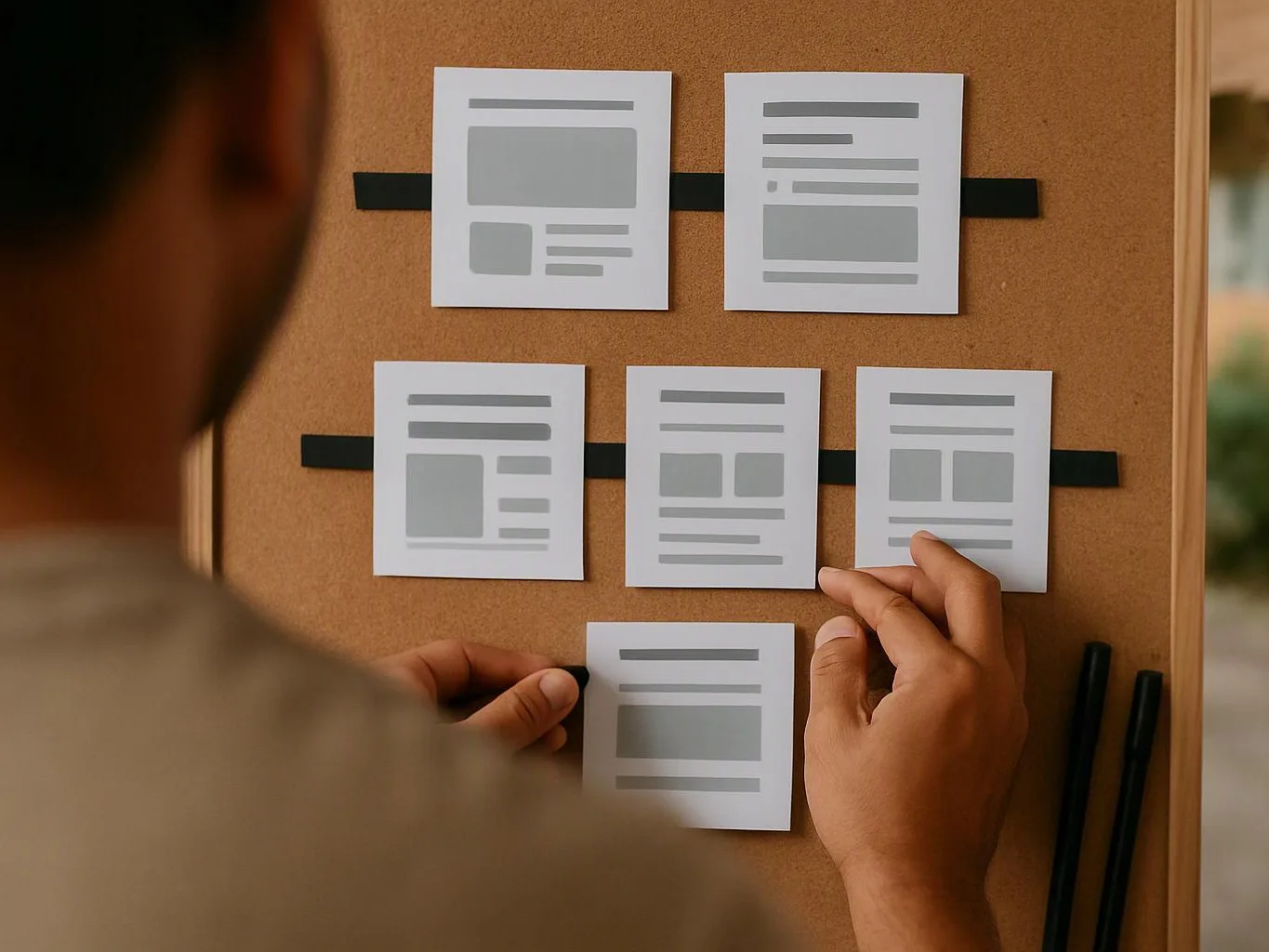 A person pins paper page mockups on a corkboard while arranging them by hand