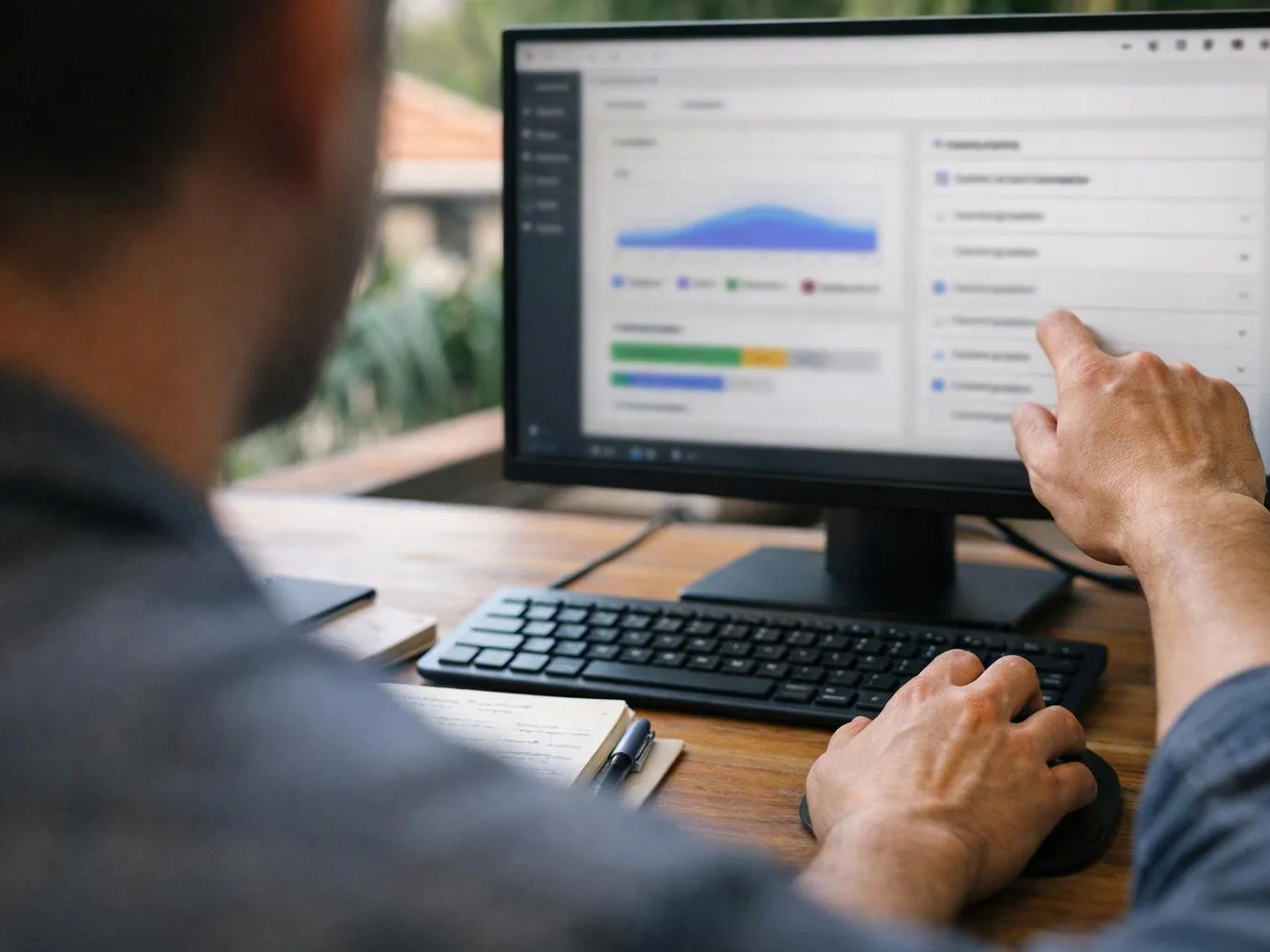 A person points at a desktop monitor showing charts and settings beside a keyboard and mouse on a wooden desk