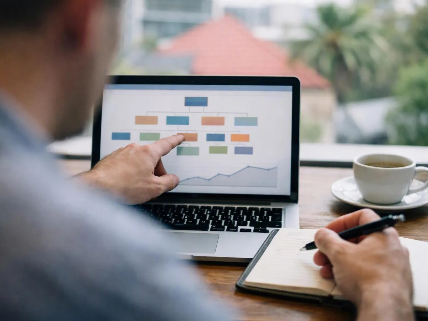 A person points at a laptop screen with charts while writing notes beside a cup on a wooden table
