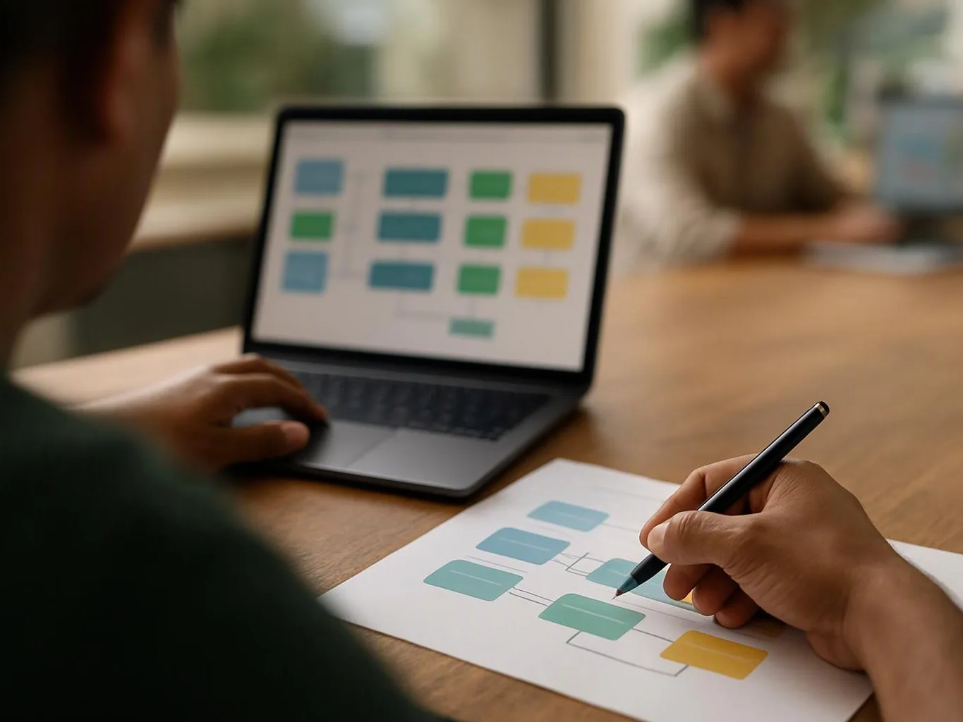 A person sketches a colorful flowchart on paper beside an open laptop at a wooden table