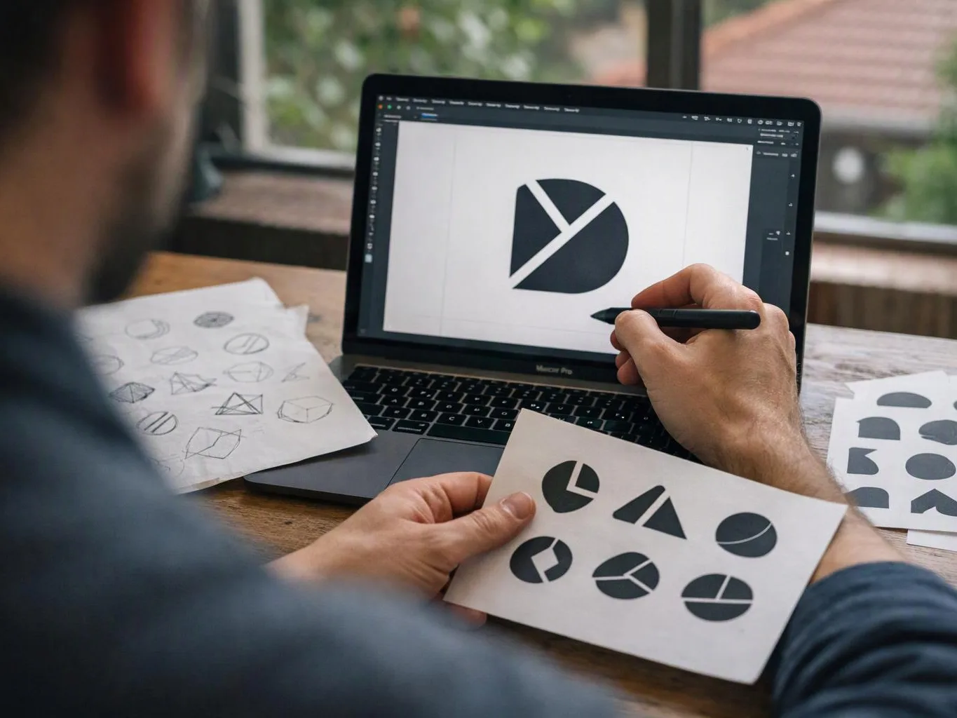 A person sketches a logo on a laptop while holding printed icon drafts at a wooden table