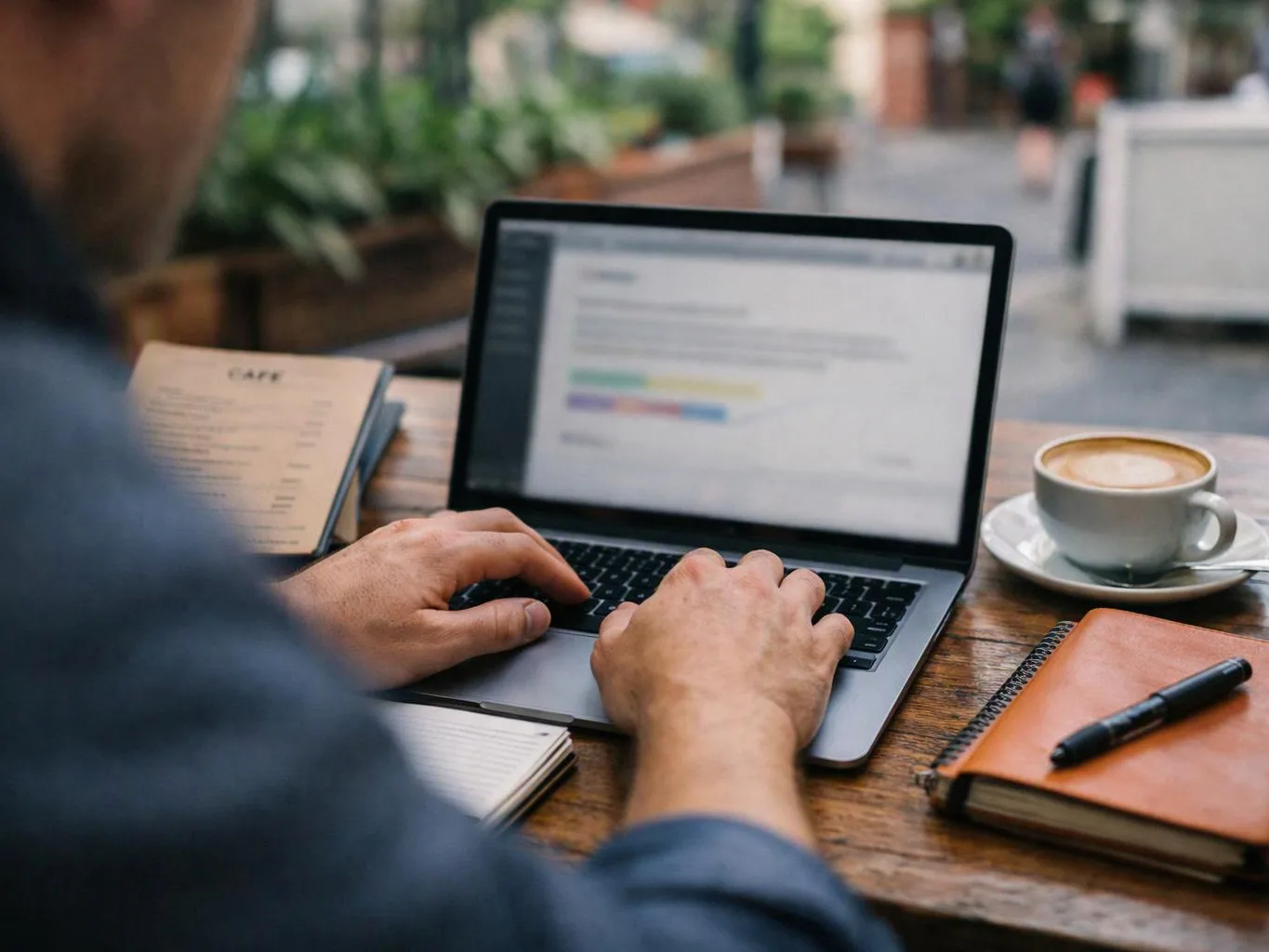A person types on a laptop at a café table with a cup of coffee, notebooks, and a menu nearby