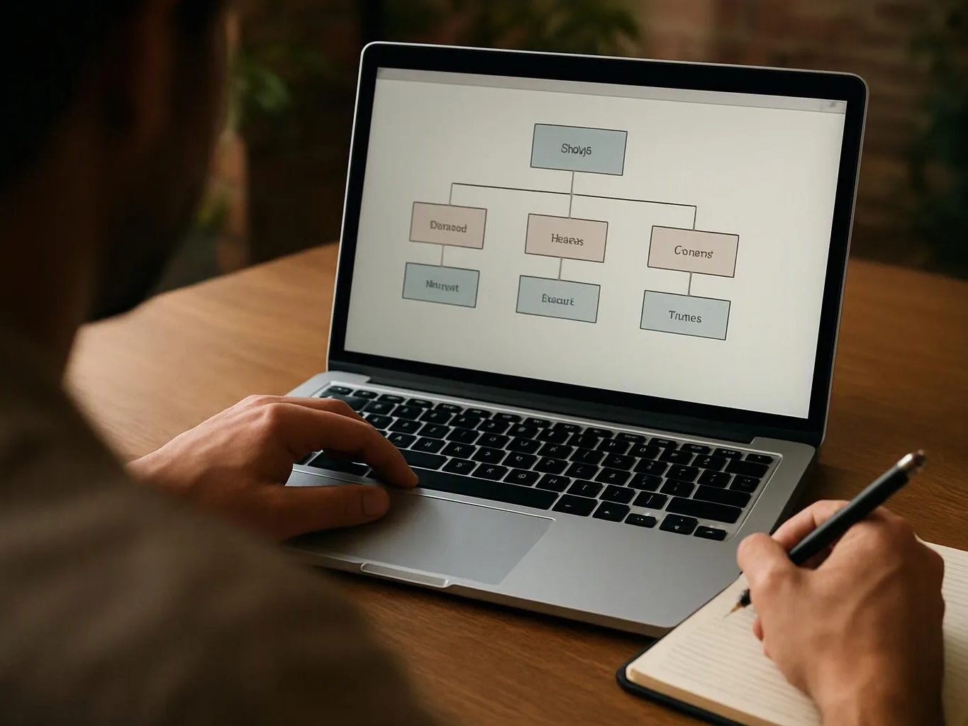 A person uses a laptop showing a simple flowchart while writing notes in a notebook at a wooden desk