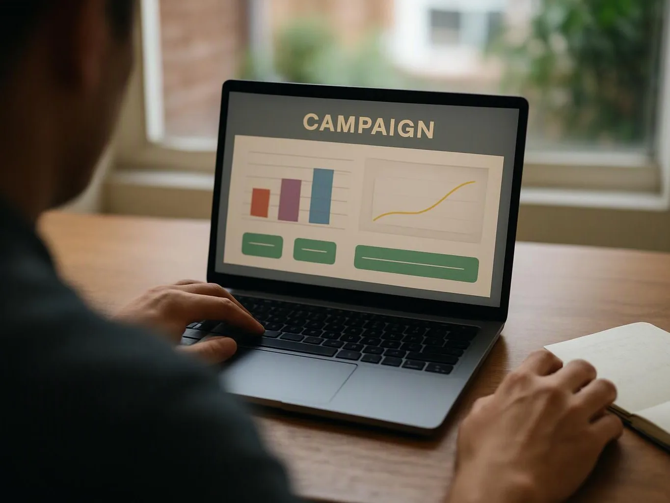Person using a laptop shows a campaign dashboard with bar and line charts on a desk by a window