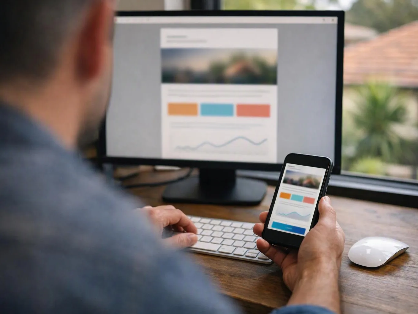 A person views a website on a desktop monitor while holding a phone beside a keyboard and mouse