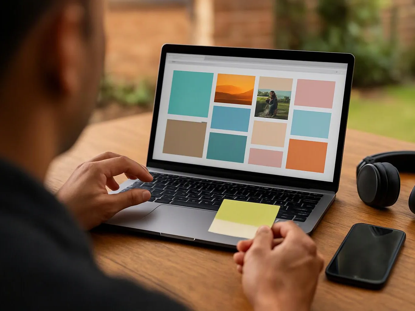 A person works at a laptop on a wooden table, with color blocks, photos, headphones, a phone, and a sticky note visible