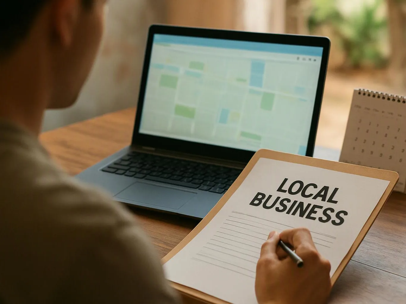 A person writes on a clipboard labeled “LOCAL BUSINESS” beside an open laptop on a wooden desk