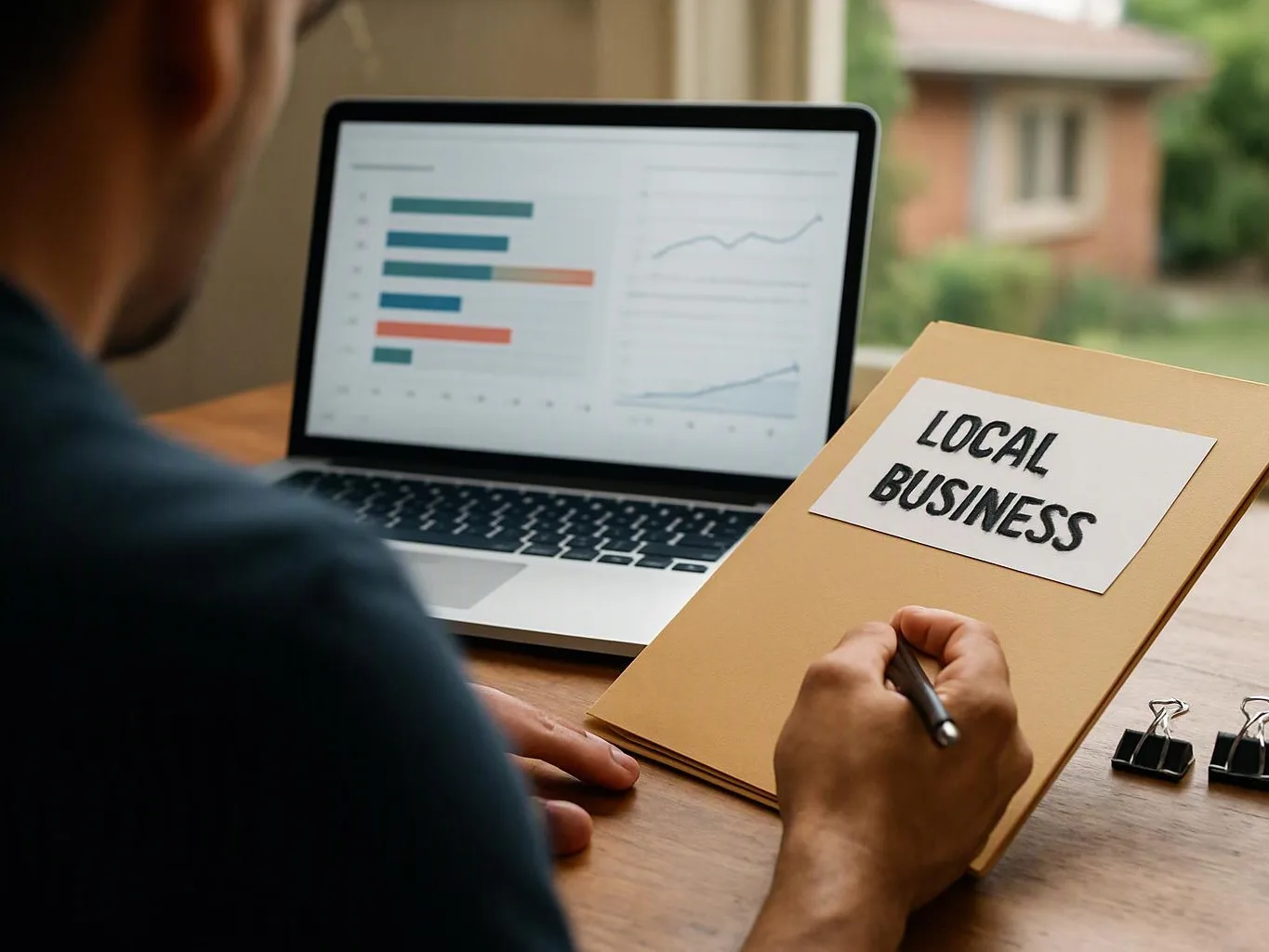 Person writes on a folder labeled “LOCAL BUSINESS” beside a laptop showing charts on a desk