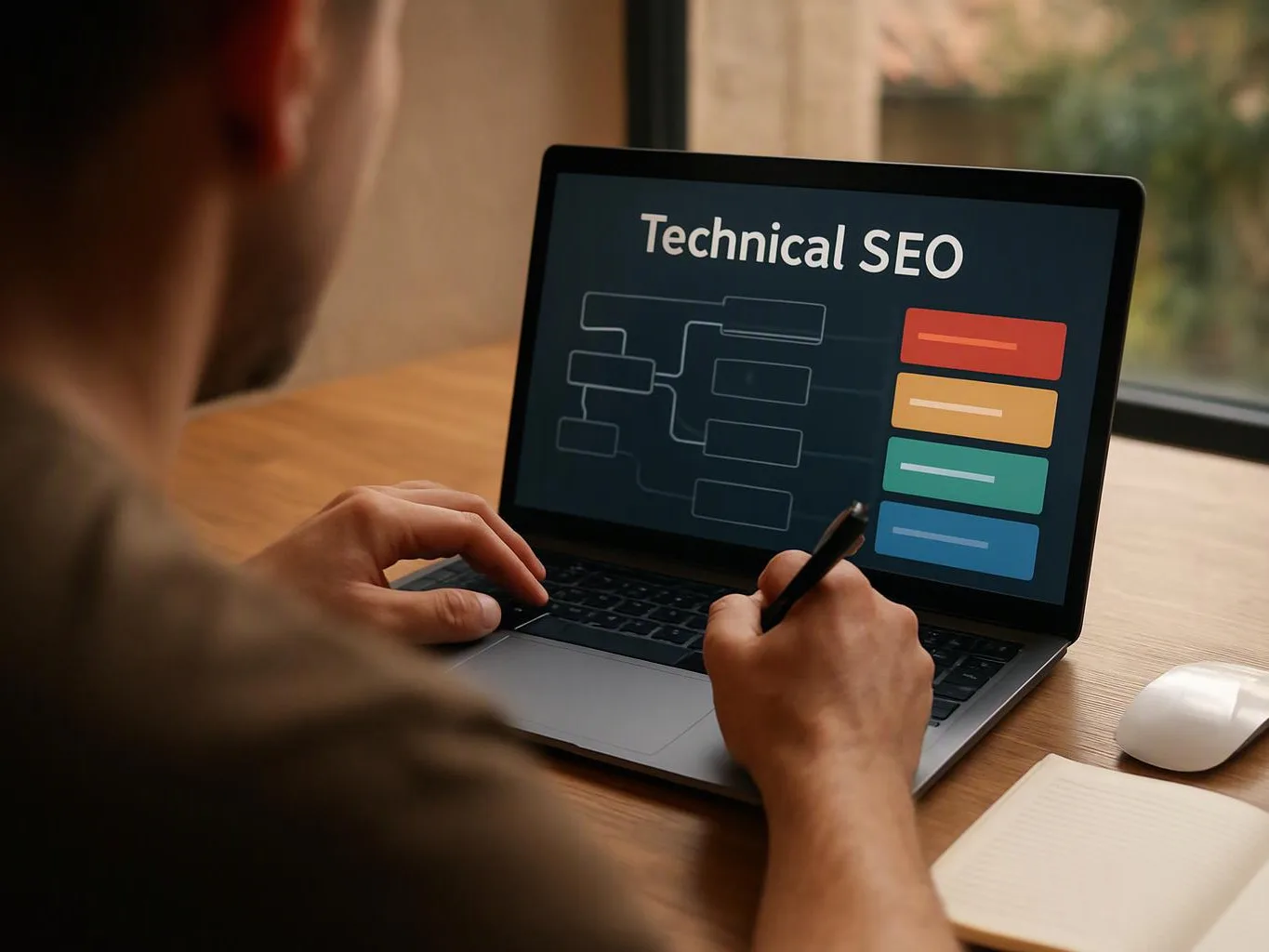A person writes on a laptop showing “Technical SEO” with a flowchart and colored blocks on a desk by a window