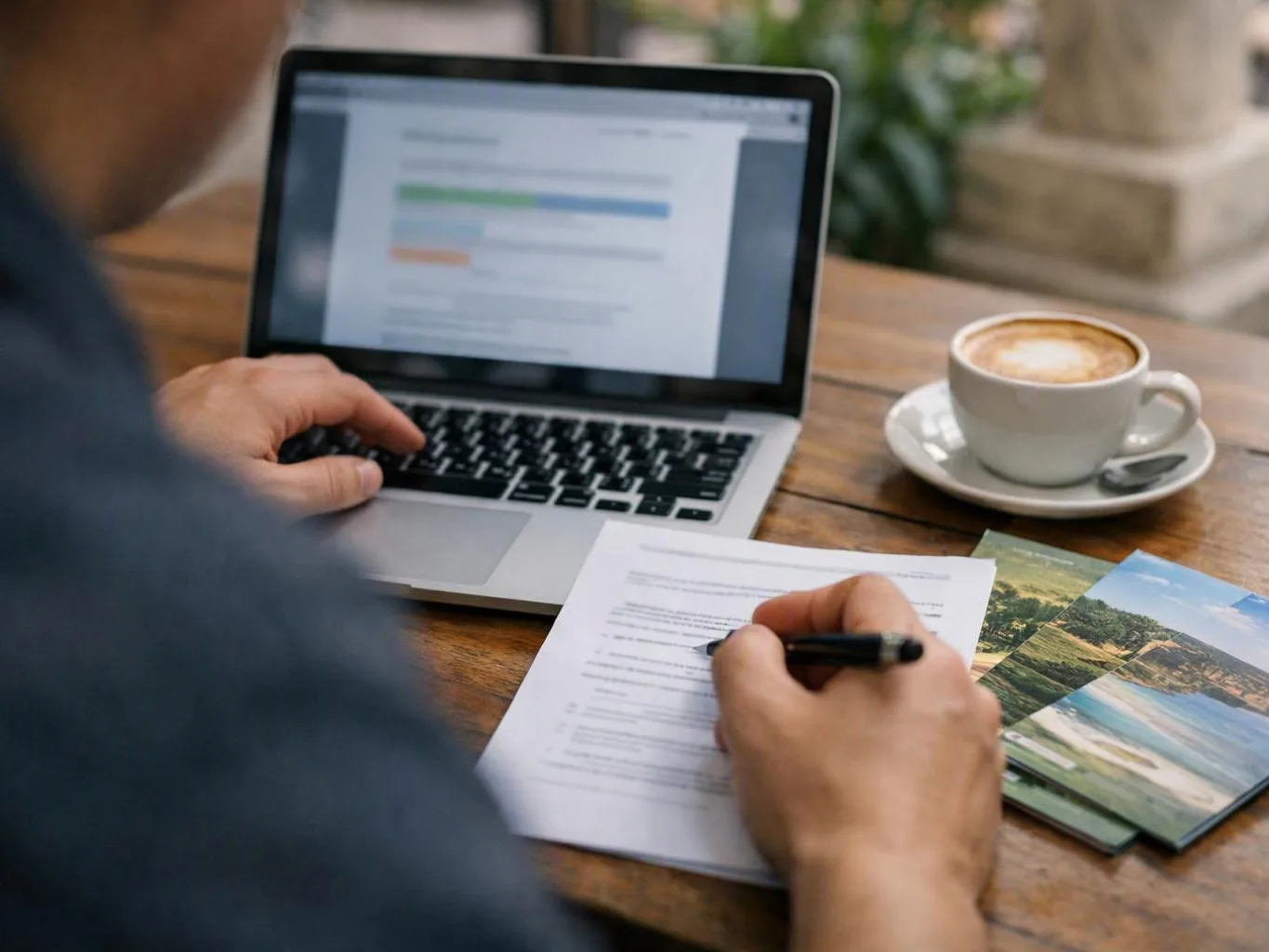 A person writes on a paper form beside a laptop and a cup of coffee on a wooden table