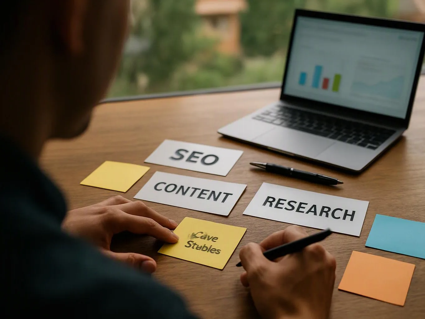 A person writes on a sticky note beside cards labeled SEO, CONTENT, and RESEARCH, with a laptop showing charts on a desk