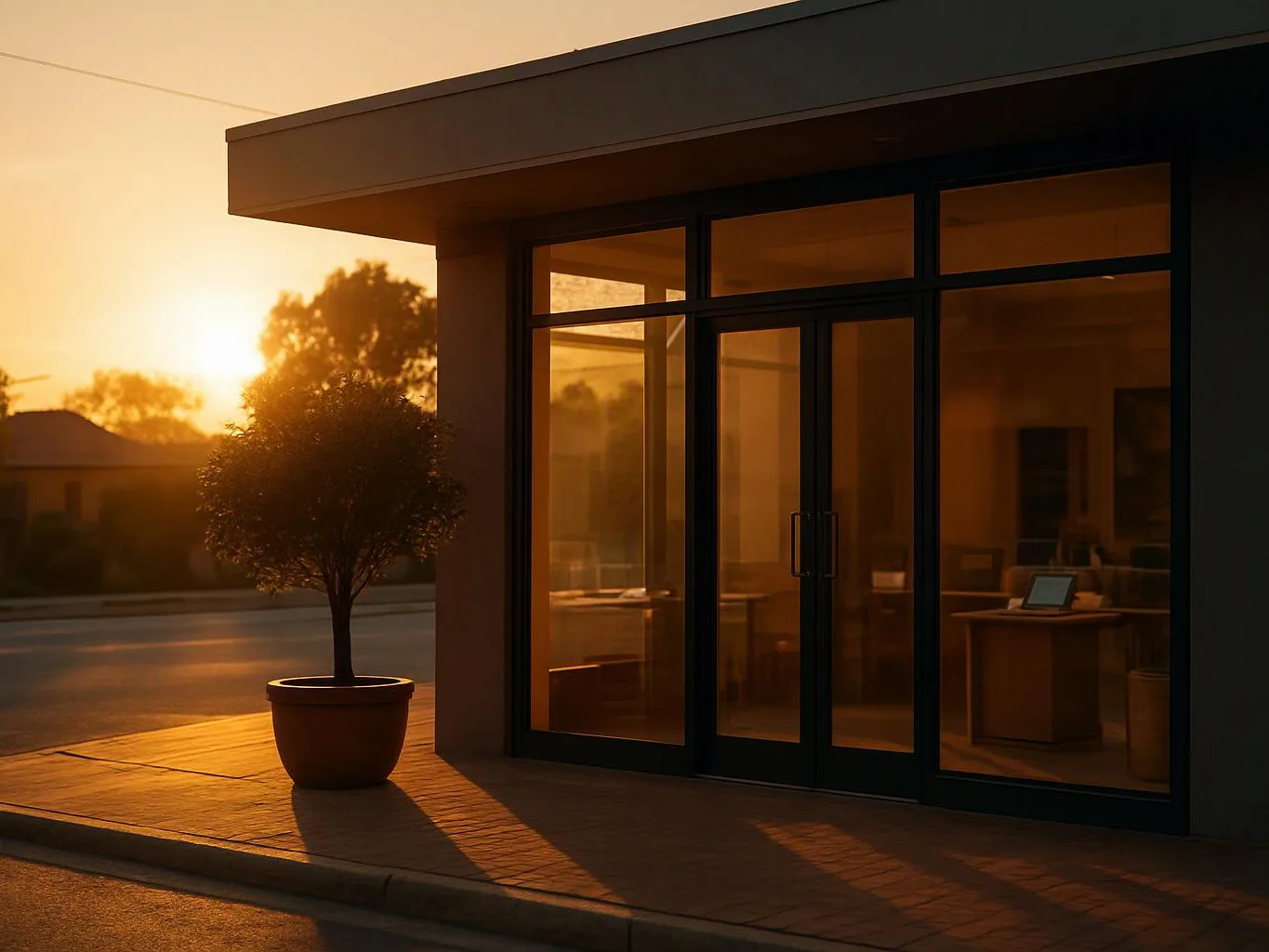 A potted tree stands beside glass doors of a modern building at sunset