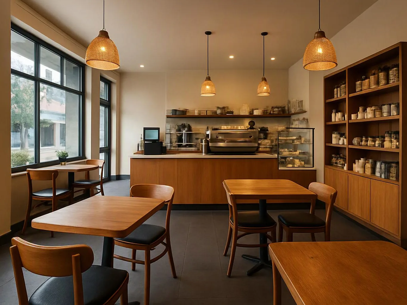 A quiet café with wooden tables, chairs, pendant lights, a counter, and shelves of jars and cups