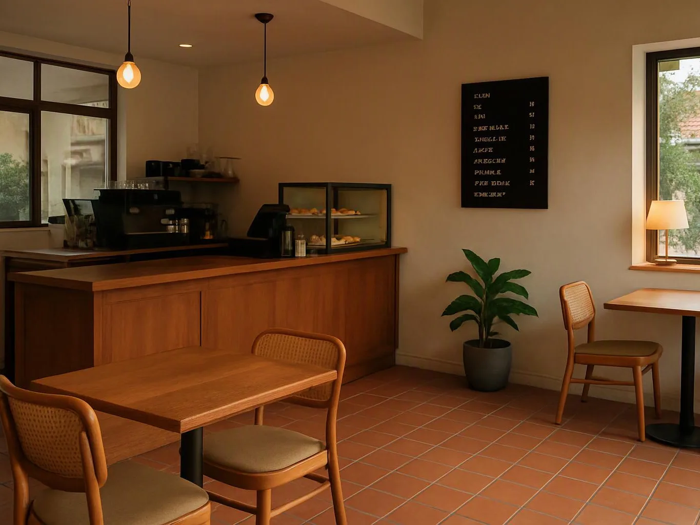 A quiet café with wooden tables, pendant lights, a coffee counter, and a potted plant appears empty