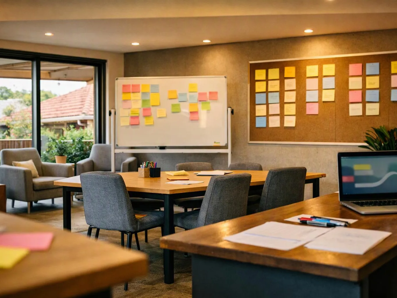 A quiet meeting room shows tables, chairs, sticky notes on boards, a laptop, and papers near a window