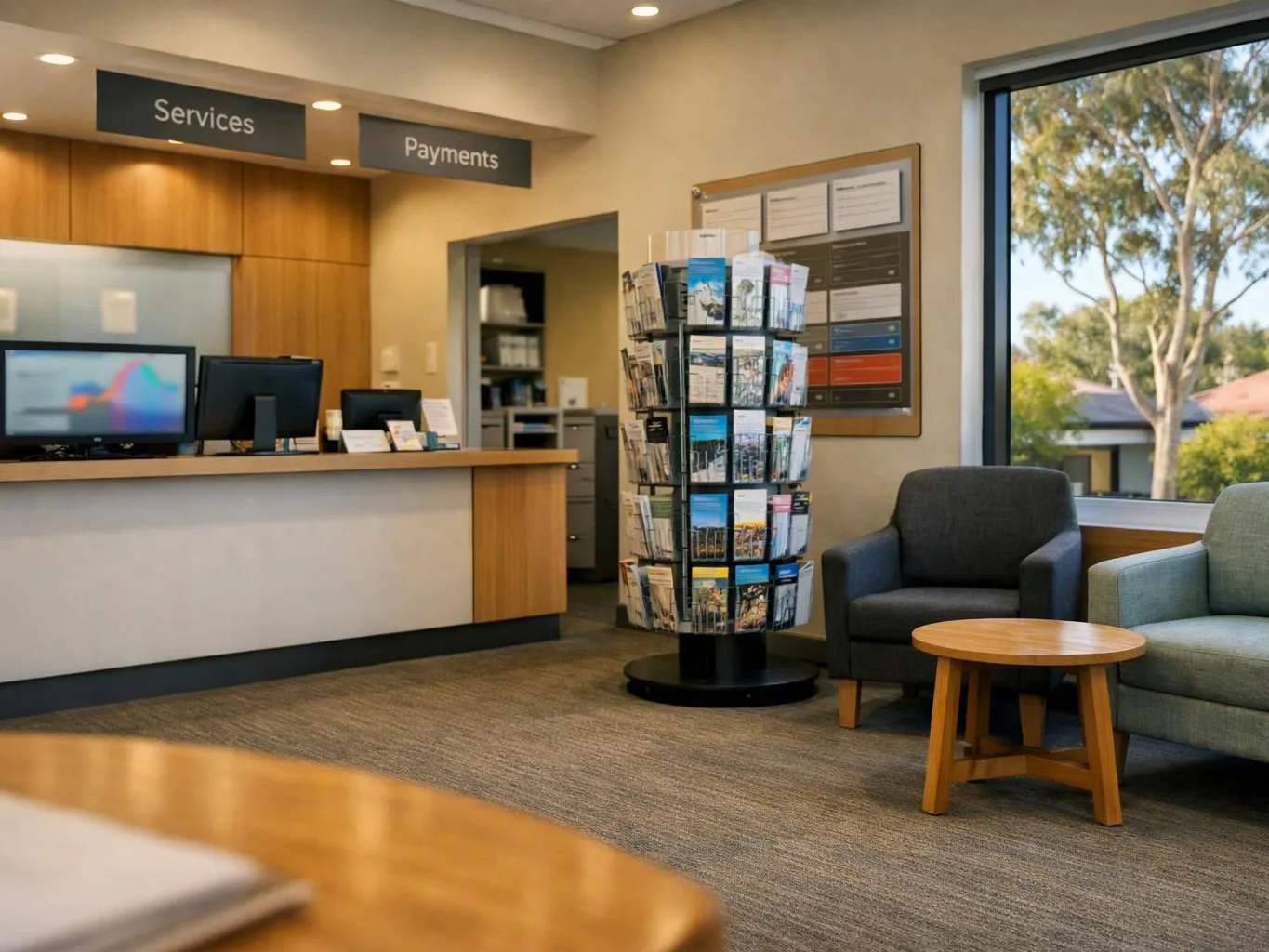 A quiet reception area shows service and payment counters, chairs, a brochure rack, and a window view outside