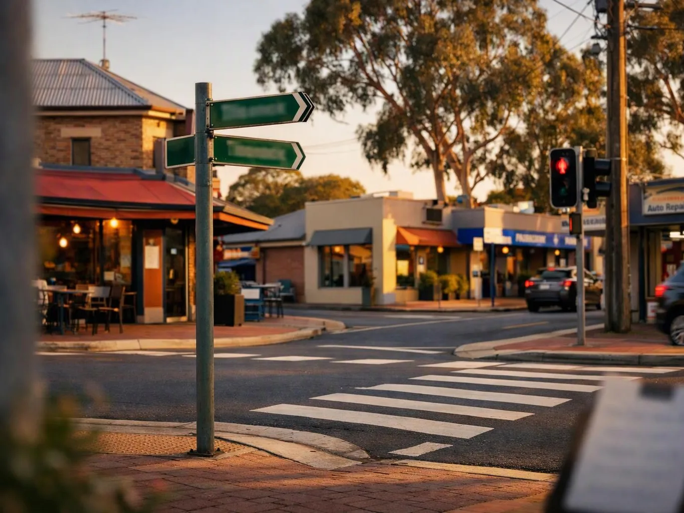 A quiet street corner shows a crosswalk, a red traffic light, and green direction signs near shops