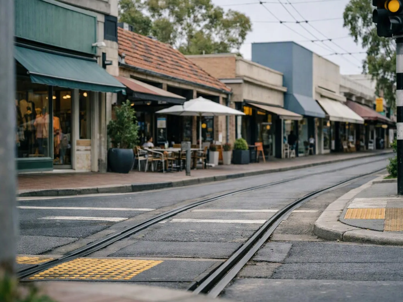 A quiet street with tram tracks curves past small shops with awnings and outdoor cafe tables