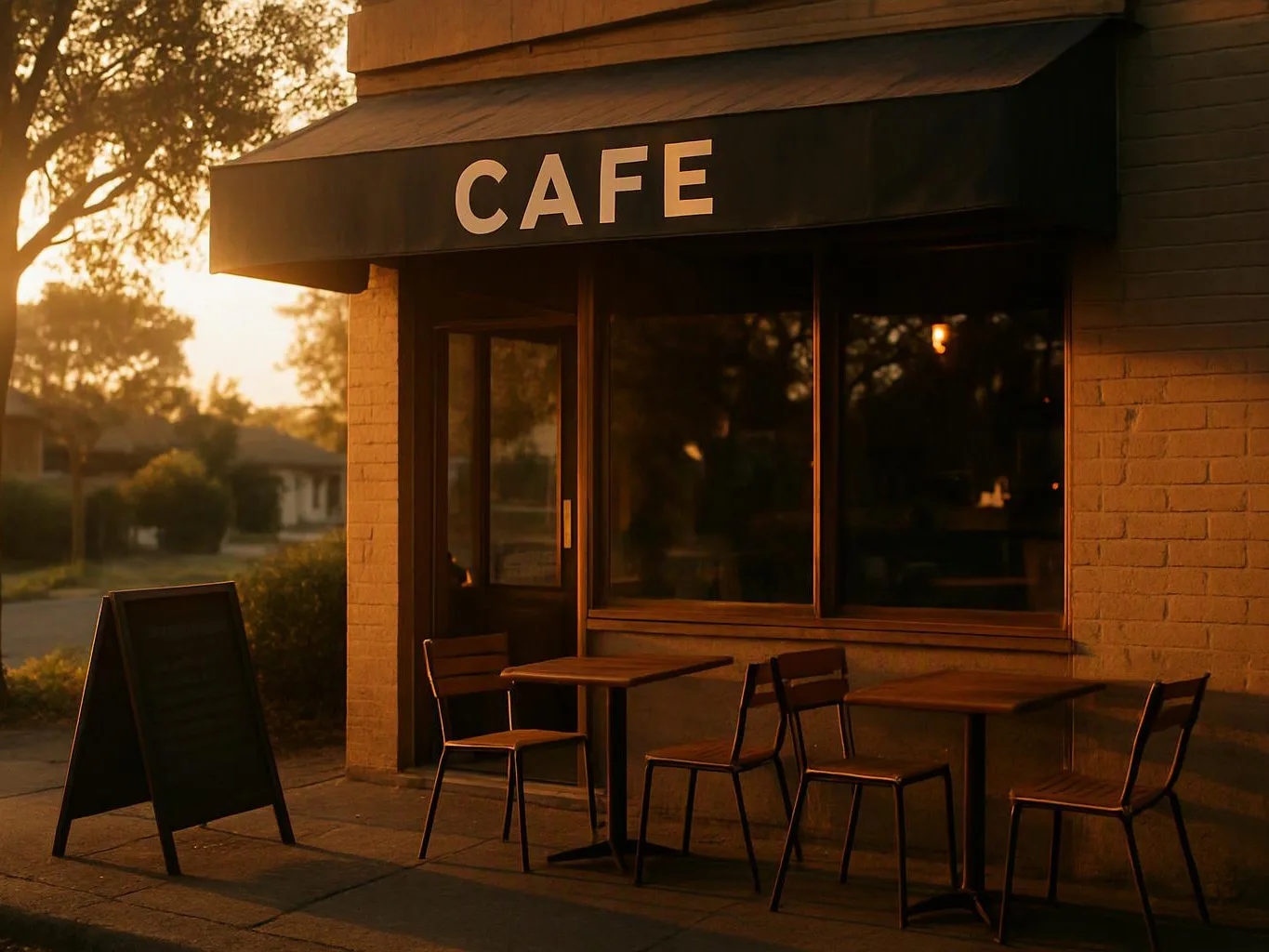 A small cafe exterior with a black awning, sidewalk tables, chairs, and warm sunset light