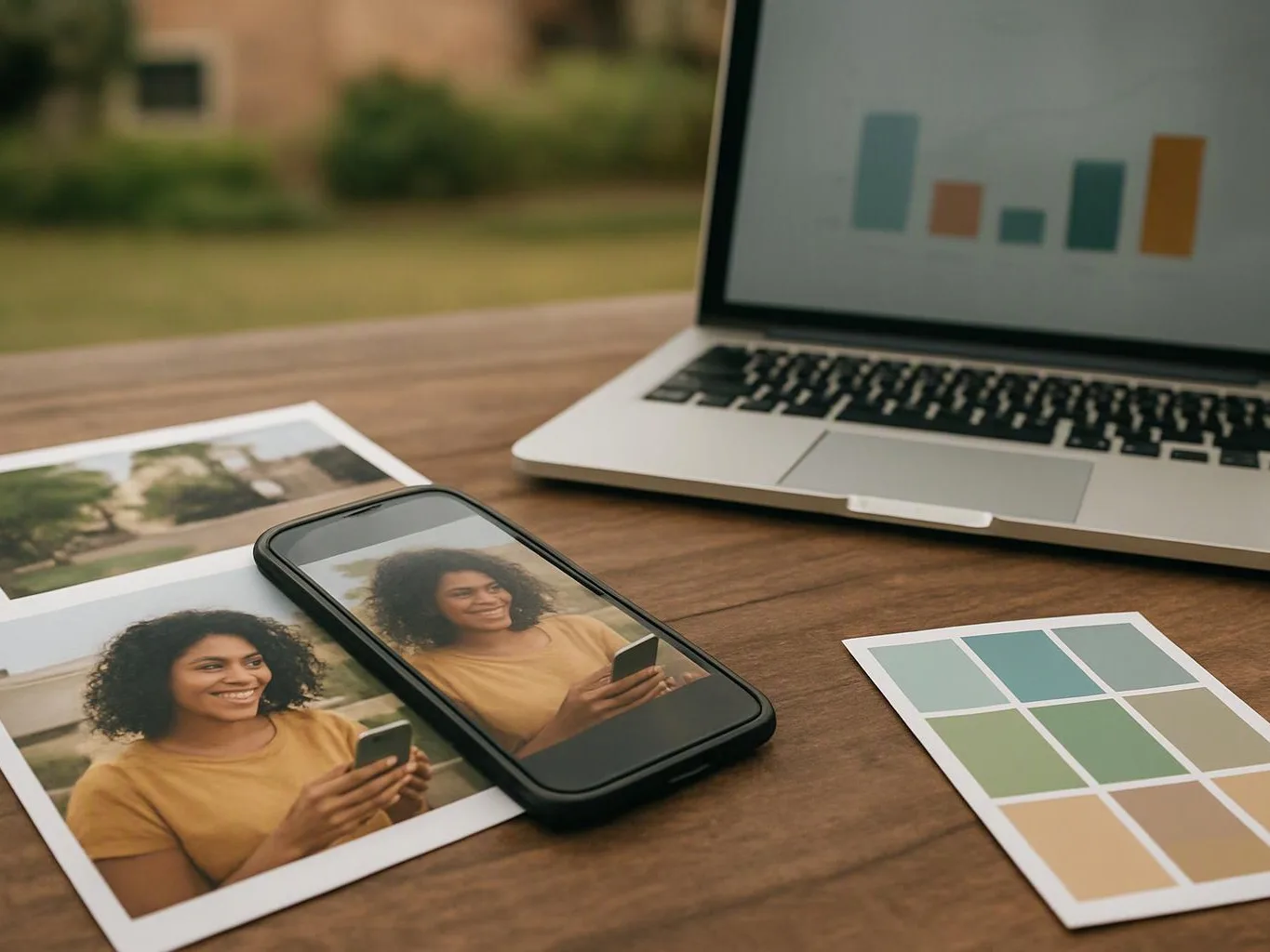 A smartphone, printed photos, color swatches, and a laptop with a bar chart sit on a wooden table outdoors