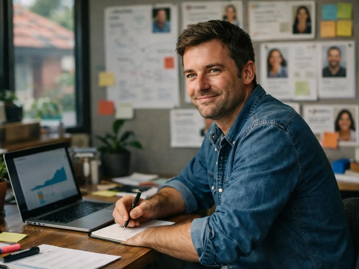 A smiling man in a denim shirt writes in a notebook beside a laptop in a busy office