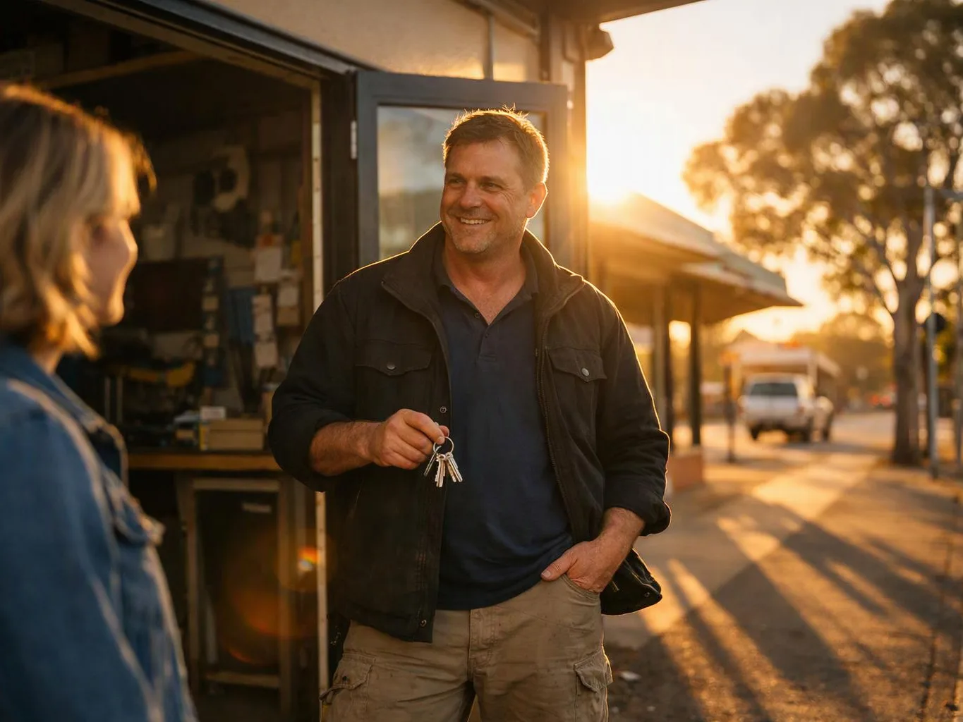 A smiling man holds a ring of keys outside a shop at sunset while talking to another person