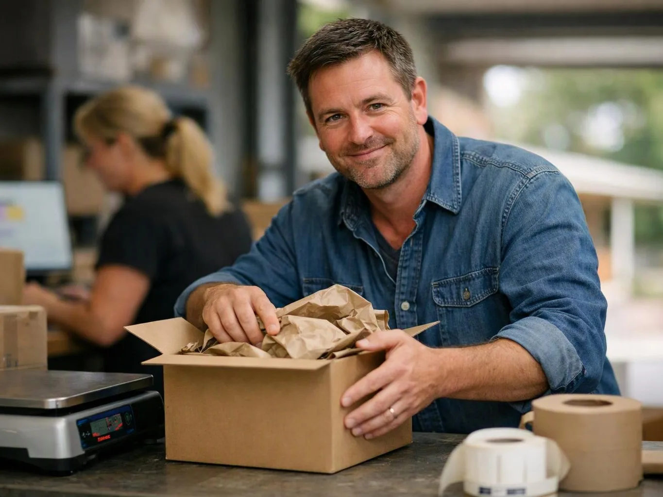 A smiling man opens a packed cardboard box at a counter, with another person working blurred in the background