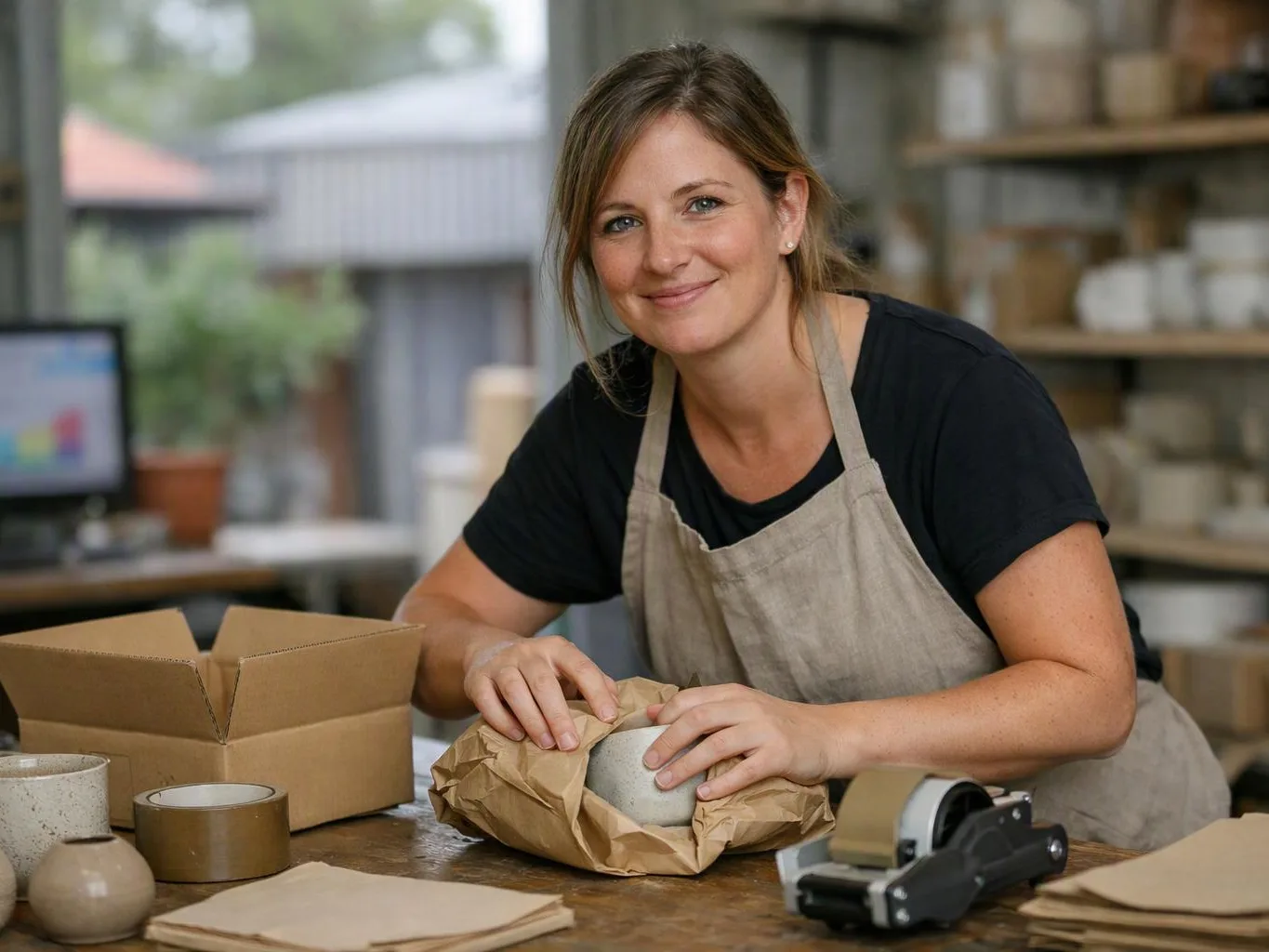 A smiling woman in an apron wraps a ceramic item on a worktable with packing supplies around her