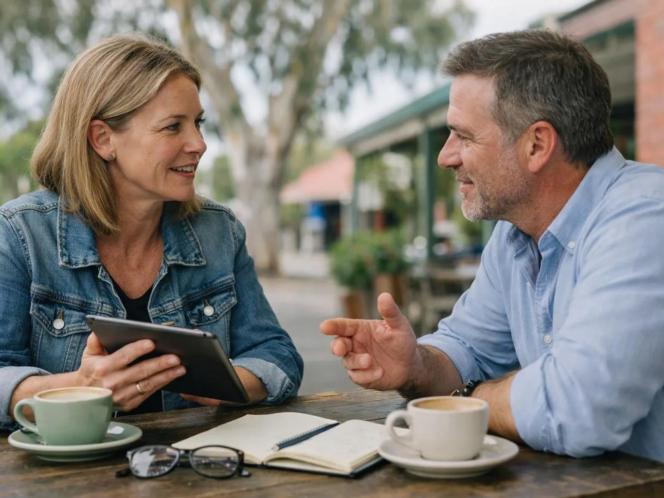 A smiling woman and man talk across an outdoor table with coffee, a tablet, notebook, and glasses