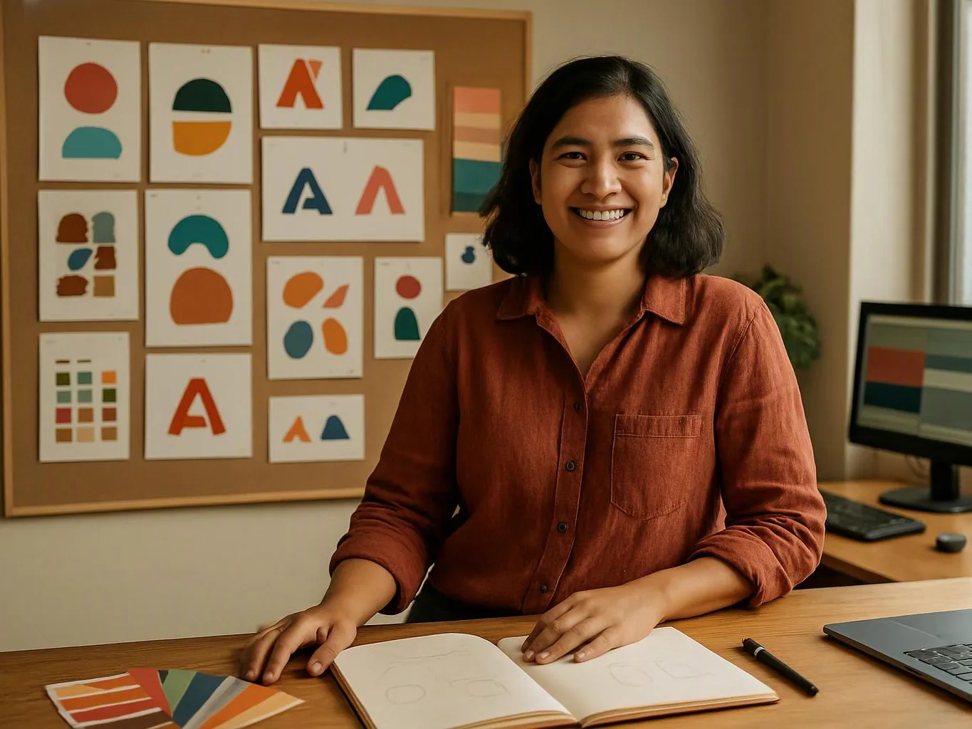 Smiling woman sits at a desk with sketches, a laptop, and a corkboard of abstract design shapes behind her
