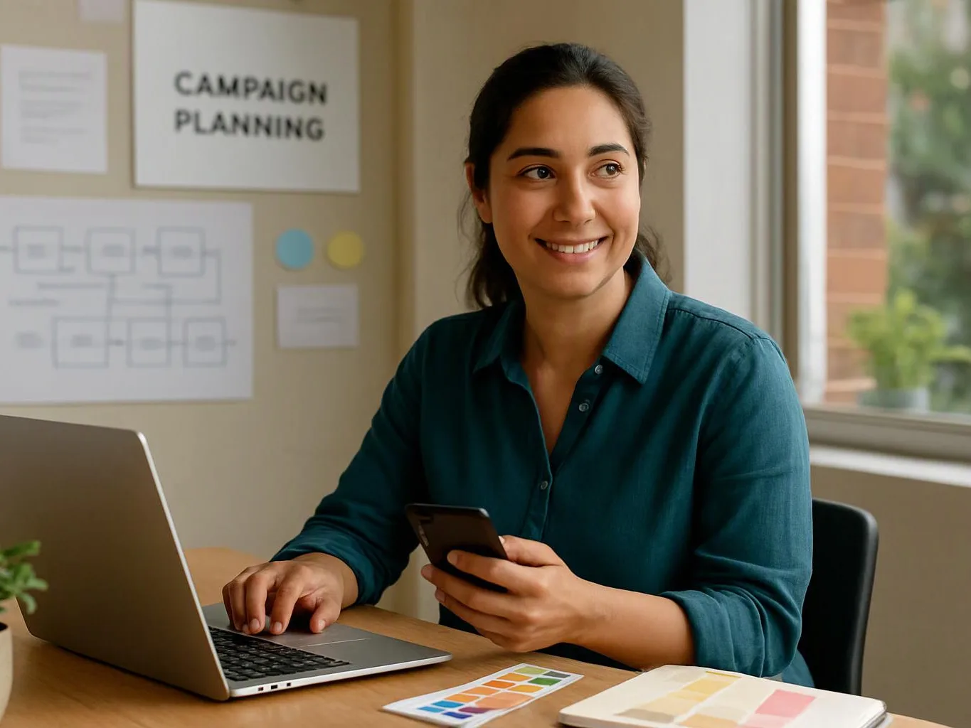 A smiling woman works on a laptop while holding a phone at a desk with campaign planning notes behind her