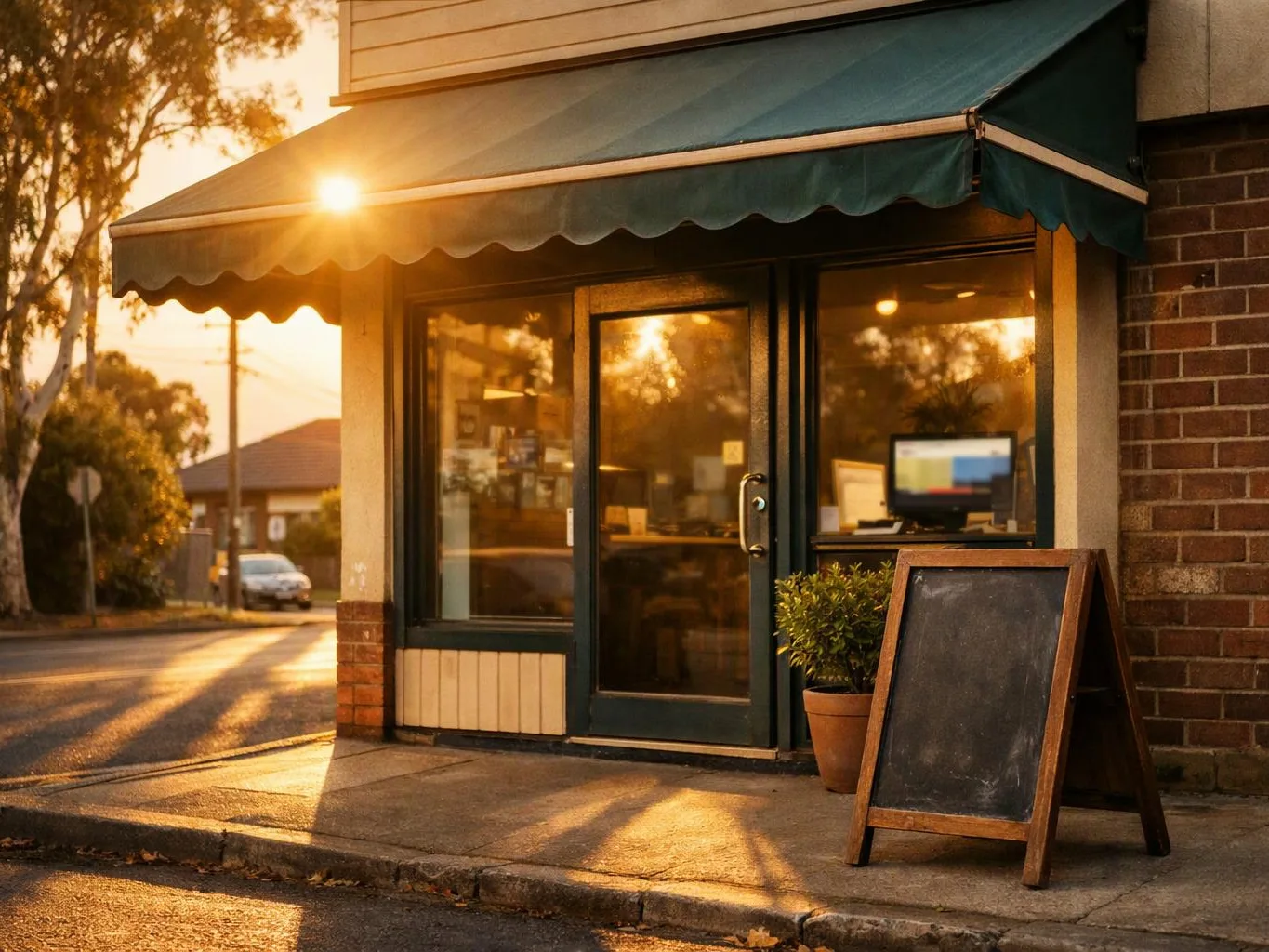 A storefront with a dark awning and chalkboard sign sits in warm sunset light on a quiet street