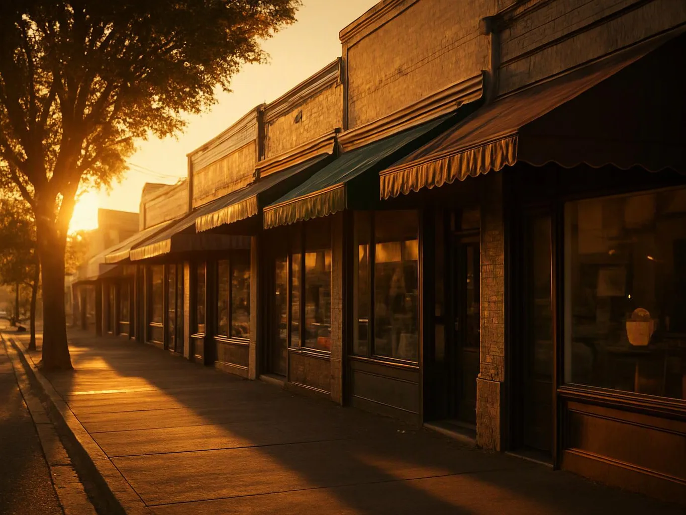 Sunlight warms a quiet row of storefronts with awnings and empty sidewalks at sunset