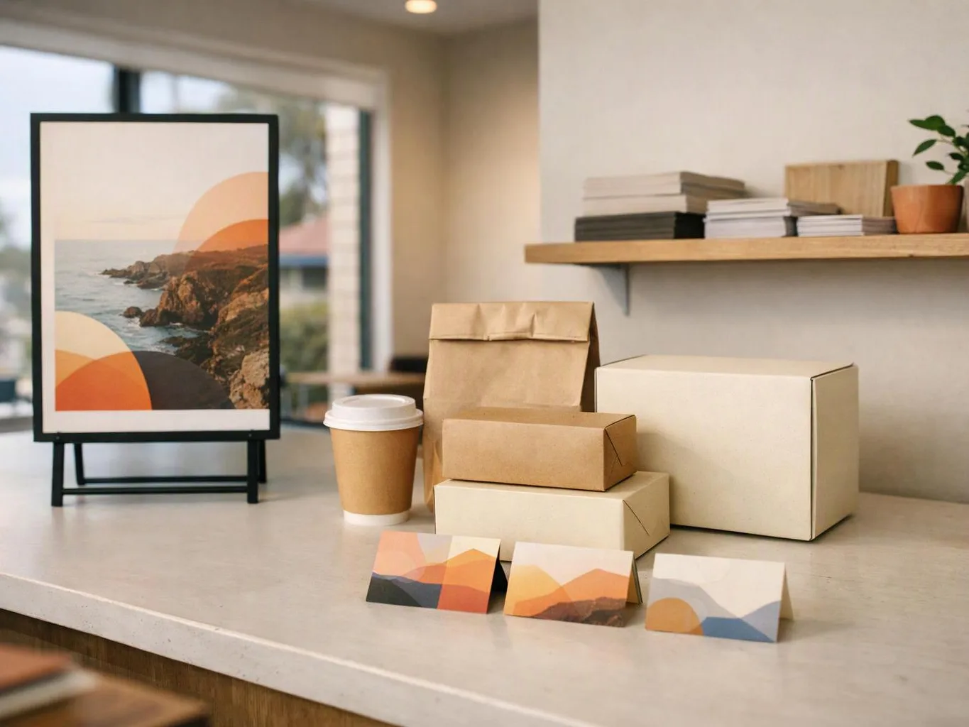 A tabletop displays printed cards, cardboard boxes, a coffee cup, and a framed coastal art print in a bright room