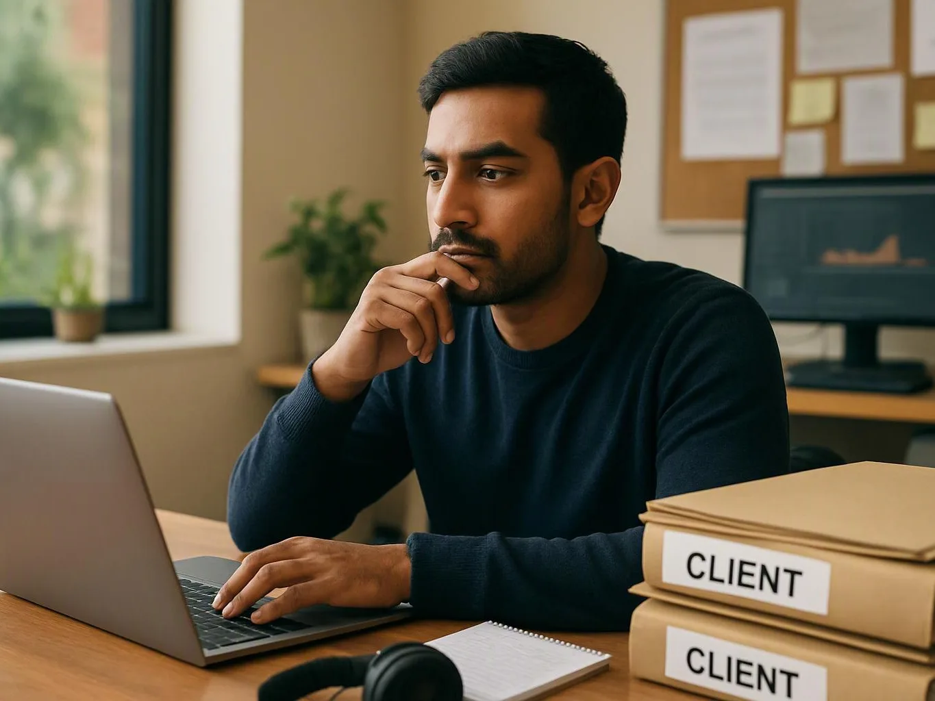 A thoughtful man works on a laptop at a desk beside stacked folders labeled CLIENT
