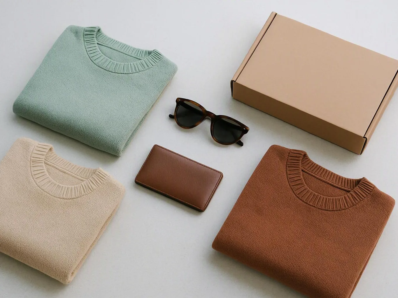 Three folded sweaters, sunglasses, a wallet, and a plain cardboard box lie on a light surface