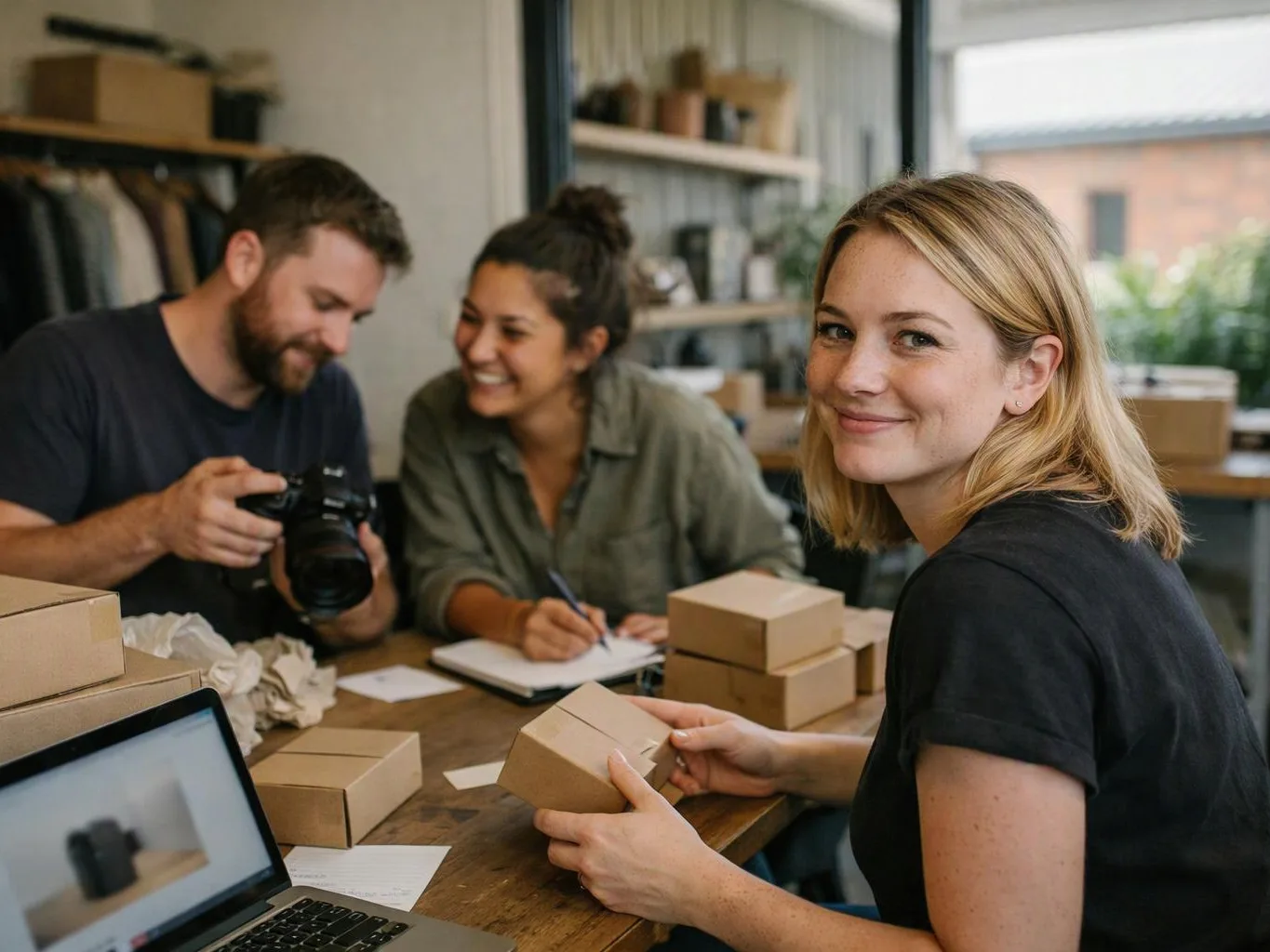 Three people pack small cardboard boxes at a wooden table while one woman smiles at the camera