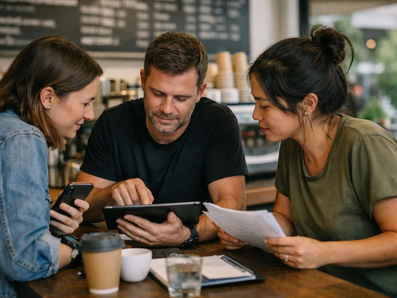 Three people sit at a cafe table, studying a tablet, a phone, and papers together