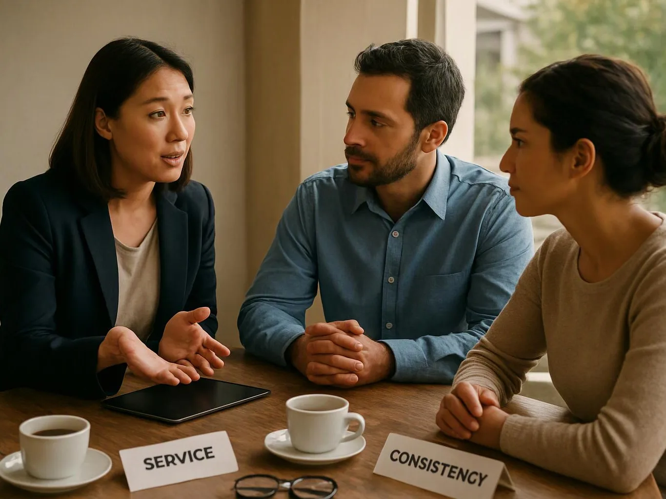 Three people sit at a table, talking with coffee cups, a tablet, and cards labeled “SERVICE” and “CONSISTENCY”