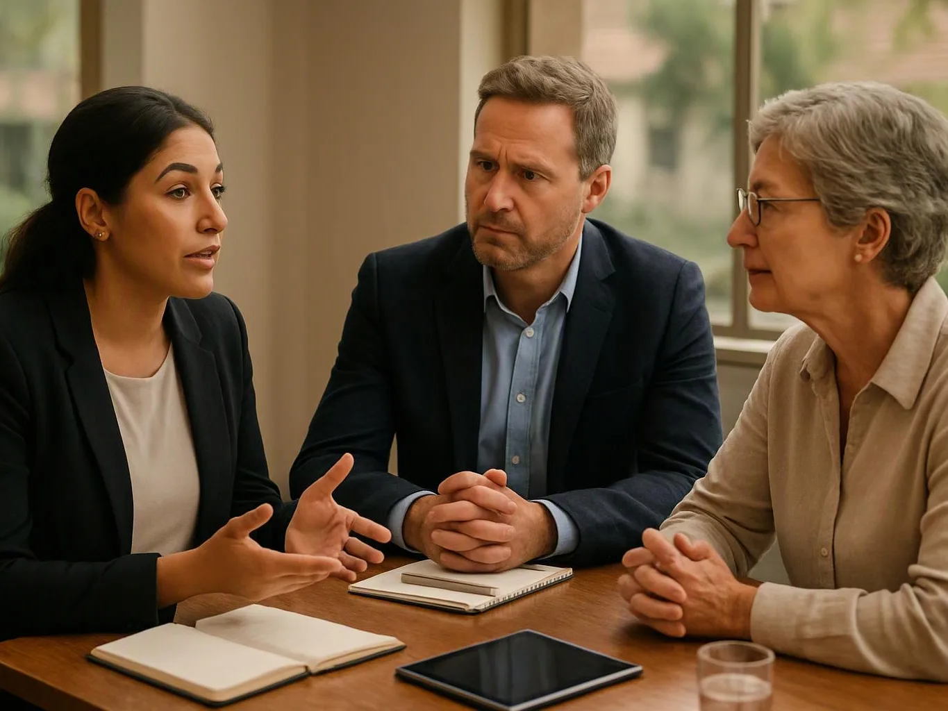 Three people sit at a wooden table in a bright room, talking with notebooks and a tablet in front of them