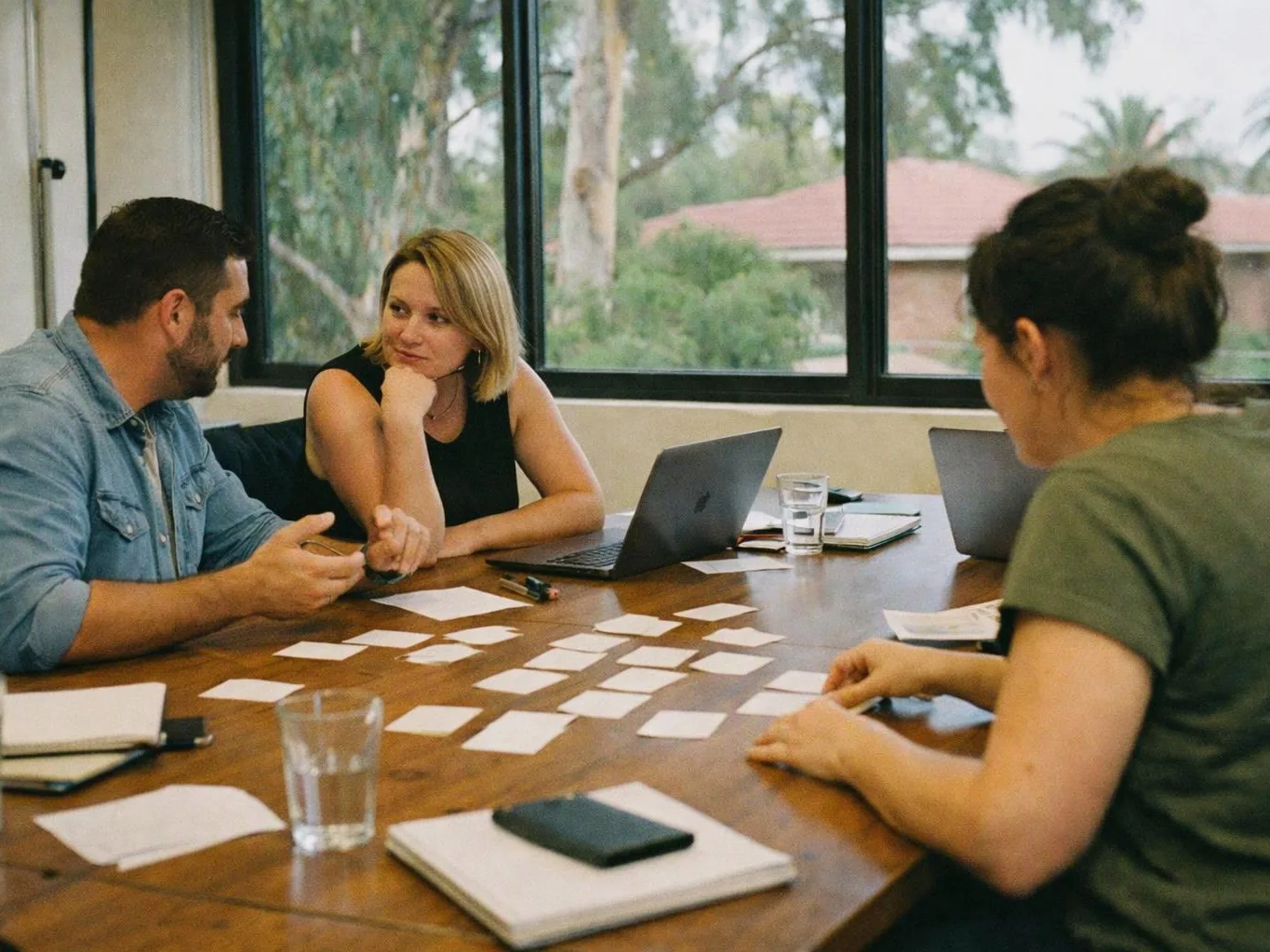 Three people talk around a table covered with cards, laptops, notebooks, and glasses in a bright meeting room