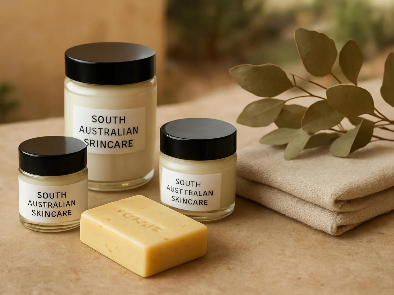 Three skincare jars, a soap bar, folded cloths, and leafy sprigs sit on a beige tabletop