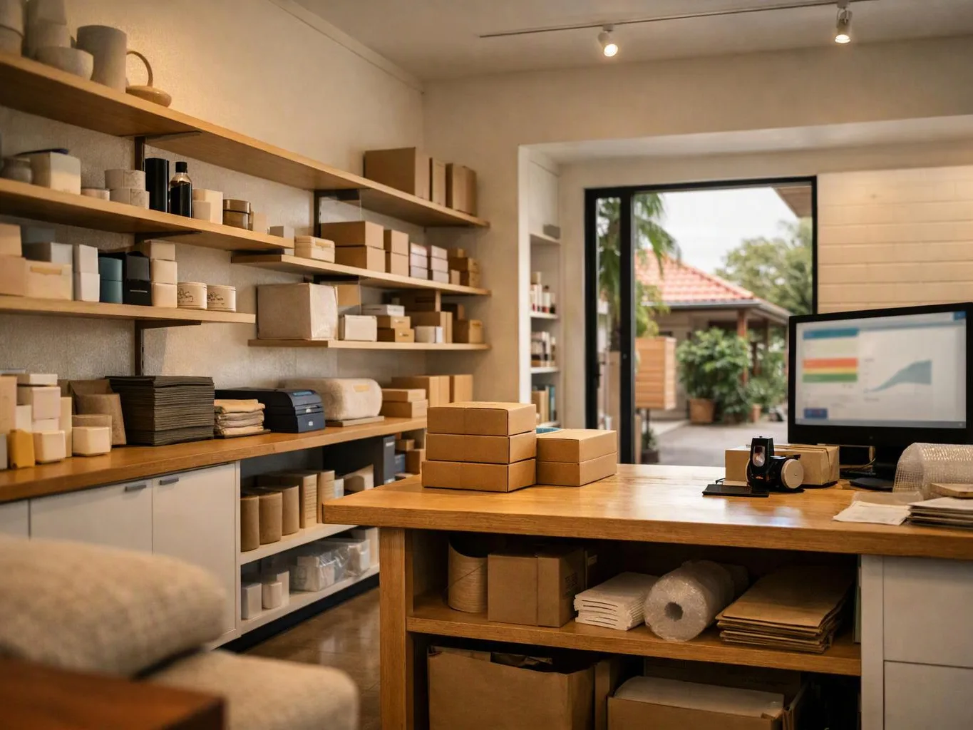 A tidy shop workspace shows stacked boxes, shelves of packaging supplies, and a computer near an open doorway