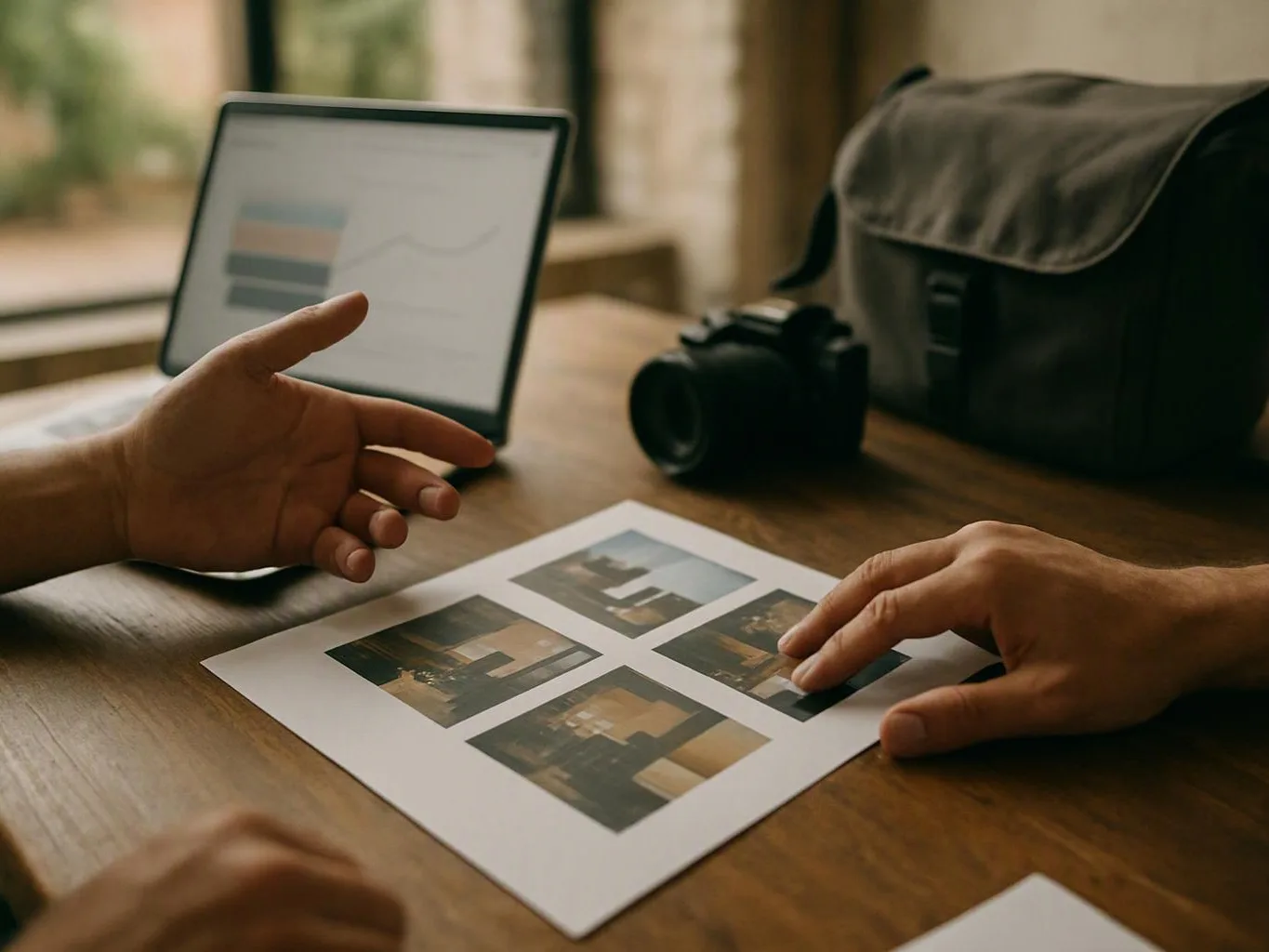 Two hands review printed photos on a wooden table beside a laptop, camera, and bag