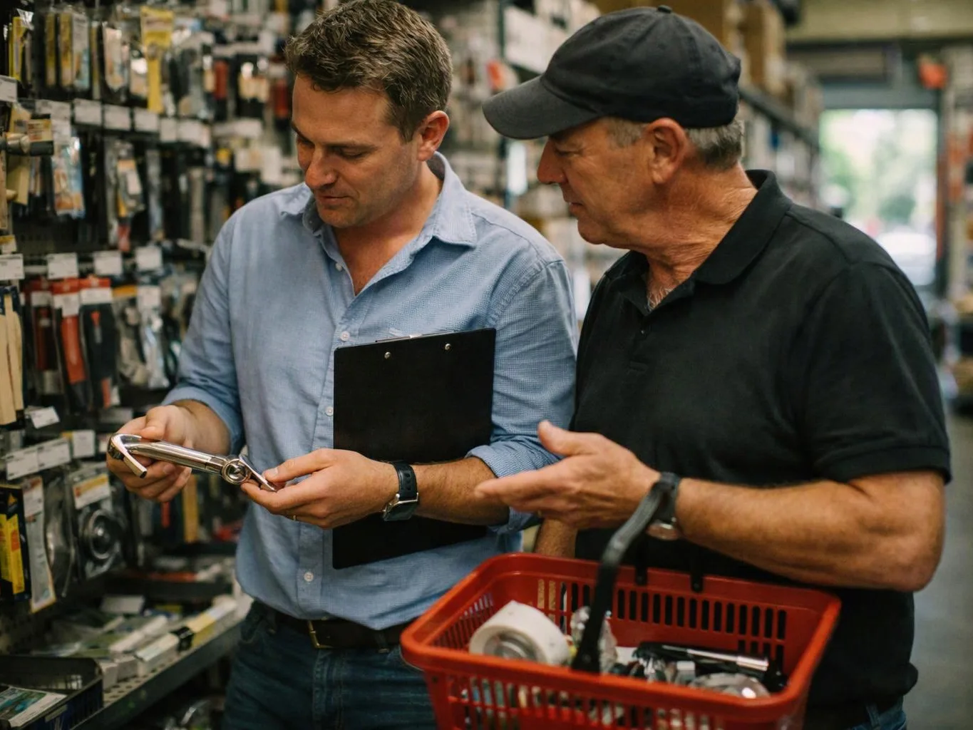 Two men inspect a shiny metal tool in a hardware store aisle, with shelves of parts behind them