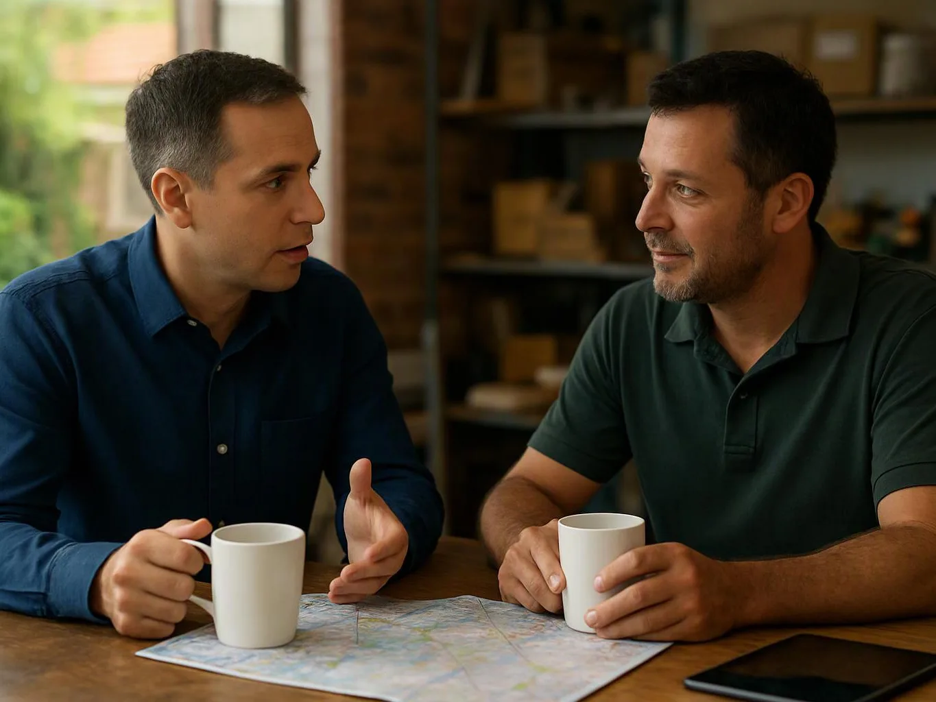 Two men sit at a table with coffee mugs, talking over a paper map in a cozy room