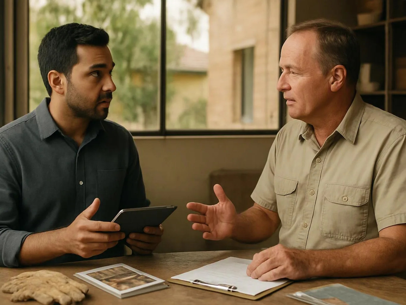 Two men sit at a table, talking over a tablet, papers, and a clipboard in a bright room