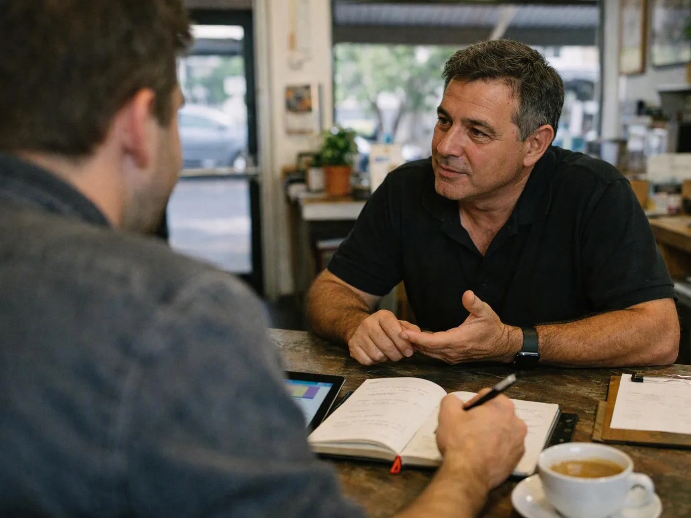 Two men talk across a table in a cafe, with a notebook, tablet, and coffee cup visible
