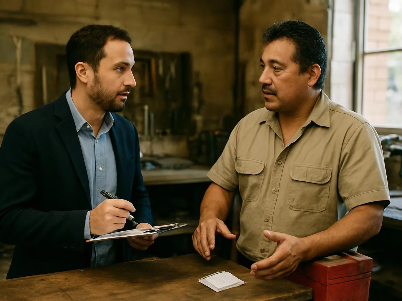 Two men talk across a wooden counter, one taking notes while the other gestures in a workshop-like room
